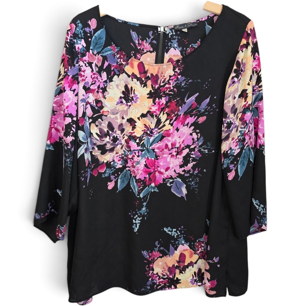 Rose & Olive Blouse Womens 2X Plus Black Pink Floral Sheer Blouse 3/4 Sleeve